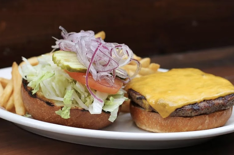 Lazy Dog Restaurant & Bar signature dishes All-American BurgerPot Roast Beef DipBeer Battered Fish + Chips